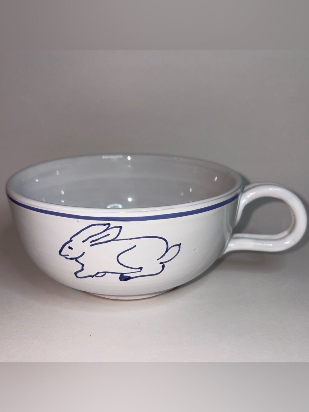 Ceramic Tea Cup Blue Bunny Design Hand Painted Made in Italy Wide Mouth 5”x2.5”